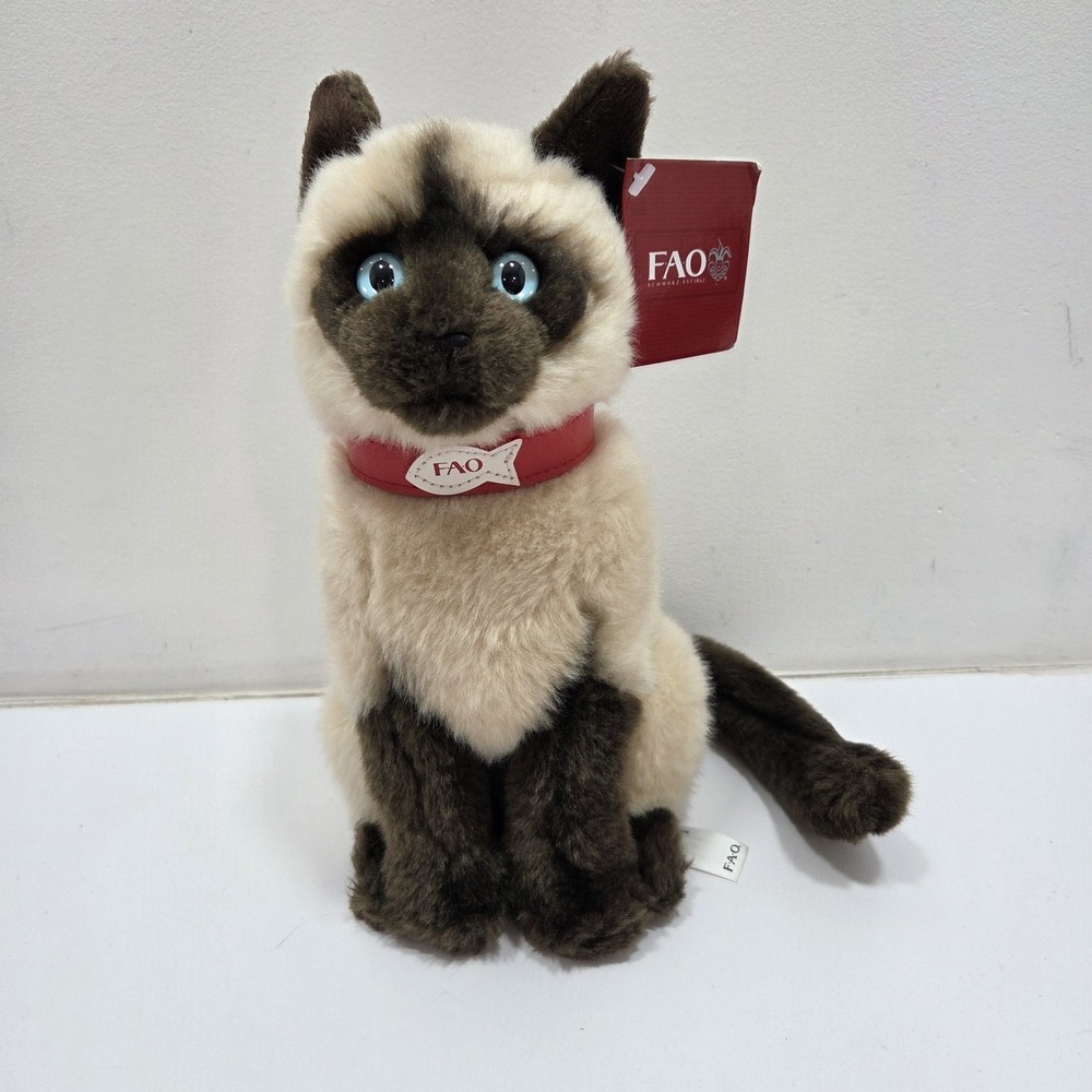 FAO Schwarz Siamese Cat Plush Stuffed Animal Toys R Us 2015 Red Fish Collar